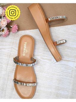 Toprico - Two Strap Beads Embellished Tan Wedges