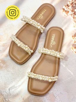 Toprico - Two Strap Beads Embroidered Pearly Tan Flat