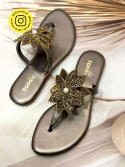 Toprico - Gold Flower Beads Embroidered T Strap Flat