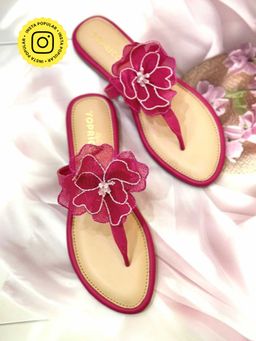 Toprico - T-Strap Beads Embroidered Pink Flower Flat