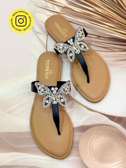 Toprico - T-Strap Beads Embroidered Tan Butterfly Flat