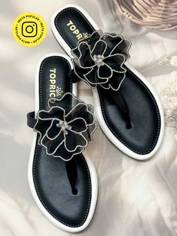 Toprico - T Strap Beads Embroidered Black Flower Flats