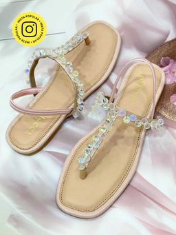 Toprico - T Strap Crystal Beads Embroidered Peach Flats