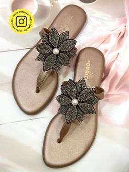 Toprico - T Strap Beads Embroidered Rose Gold Flats