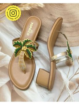 Toprico - Tropical Beads Embroidered Block Tan Sandal Heels