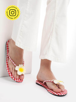 Zori World - Bahamas - Checkered Red With Flower Flats