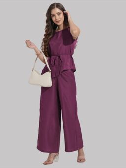Twenty Dresses by Nykaa Fashion - Women Purple Solid Asymmetric Top with Trouser Co-Ord Set