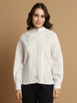 Allen Solly - Women White Embroidered Full Sleeves Regular Fit Casual Shirt
