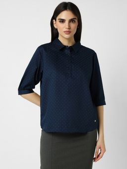 Van Heusen - Women Navy Blue Printed Three Fourth Sleeves Regular Fit Formal Shirt