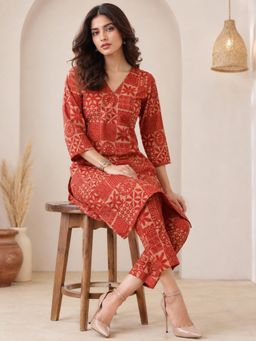 Shaily - Women Red Block Print Printed Pure Cambric Cotton Co-Ord (Set of 2)