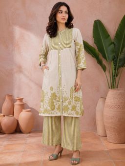 Shaily - Women Green Cotton Flex Floral Kurta with Palazzo (Set of 2)