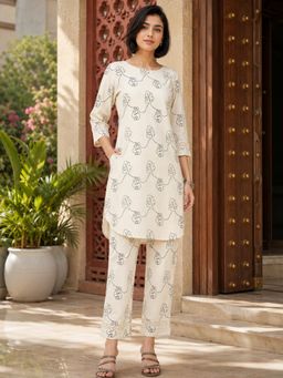 Shaily - Off White Printed Pure Flex Cotton Kurta with Pant