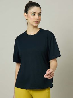 Dida - Women Navy Blue Poly Round Neck T-Shirt