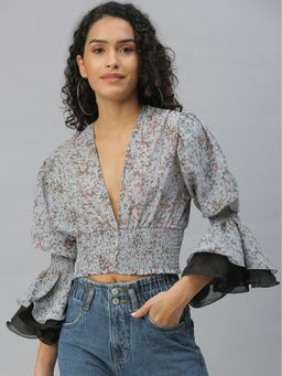 SHOWOFF - Women Plunging Neck Floral Grey Regular Top