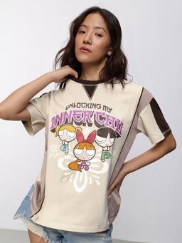 The Souled Store - Official Powerpuff Girls: Inner Chi Women Beige Graphic Oversized T-Shirt