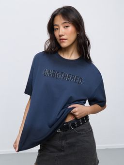 The Souled Store - Women Navy Blue Typography Unbothered Oversized T-Shirt