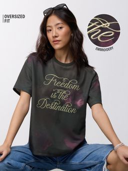 The Souled Store - TSS Originals: Freedom Women Olive Typography Oversized T-Shirt