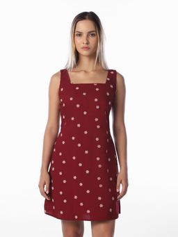 ONLY - Women Fit and Flare Maroon Floral Mini Dress
