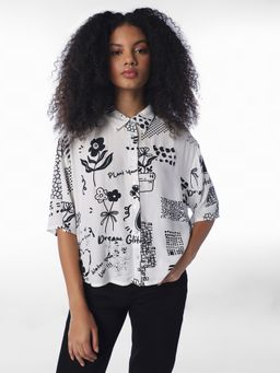 ONLY - Women Printed Oversized Fit White Shirt