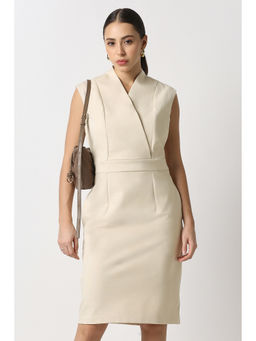 Van Heusen - Women Beige Solid Knee Length Formal Dress