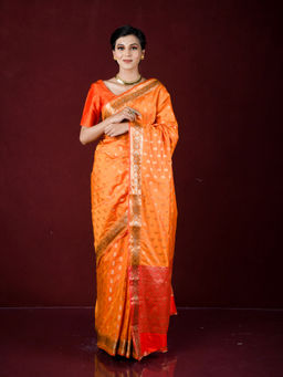 EXCLUSIVA - Orange Zari Woven Work Banarasi Saree with Unstitched Blouse