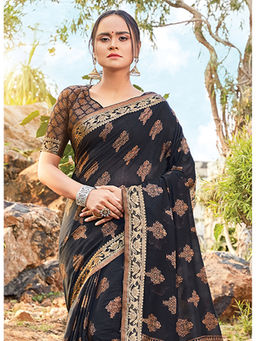 Sangam Prints - Black Jacquard Traditional Saree with Unstitched Blouse