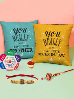 Indigifts - Favourite Brother and Sister in Law Cushion Set of 2 - Rakhi Gift Set (12x12 inches)