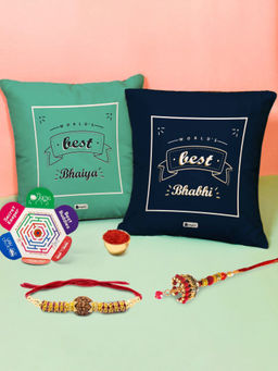 Indigifts - Best Bhaiya and Bhabhi Cushion Set of 2 with Rakhi Gift Set (12x12 inches)