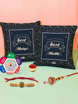 Indigifts - World's Best Bhaiya Bhabhi Cushion Set of 2 - Rakhi Gift Set (12x12 inches)