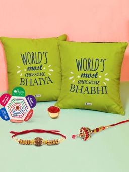 Indigifts - Bhaiya and Bhabhi Green Cushion Set of 2 - Rakhi Gift Set (12x12 inches)