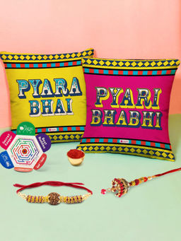 Indigifts - Pyara Bhai Pyari Bhabhi Cushion Set of 2 and Rakhi Gift Set (12x12 inches)