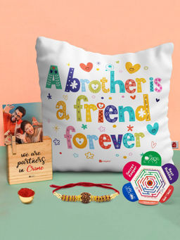 Indigifts - A Brother is A Friend Forever Cushion - Rakhi Gift Set (12x12 inches)