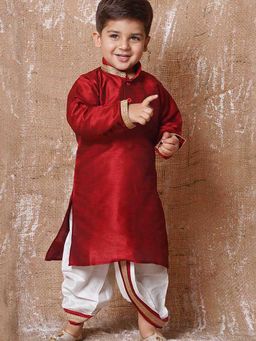 Hopscotch - Boys Maroon and White Laces Embellished Kurta and Dhoti Set