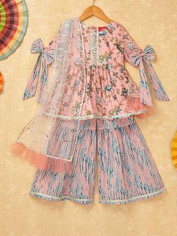 Hopscotch - Girls Peach Floral Print Cotton Kurta and Sharara Ethnic Set with Dupatta