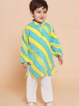 Hopscotch - Boys Yellow and White Stripe Print Kurta and Pajama Ethnic Set
