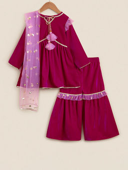 Hopscotch - Girls Pink and Lilac Lace Embellished Velvet Kurti and Sharara Ethnic Set with Dupatta