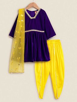 Hopscotch - Girls Purple and Yellow Embellished Kurti and Tulip Dhoti Set with Dupatta