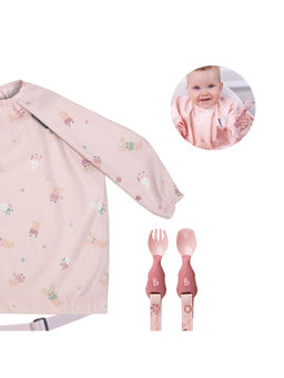 Bibado - Pink Printed Polyester Coverall Bib with Spoon and Fork