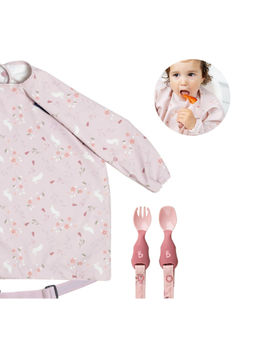 Bibado - Pink Printed Polyester Coverall Bib with Spoon and Fork