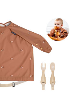 Bibado - Brown Printed Polyester Coverall Bib with Spoon and Fork