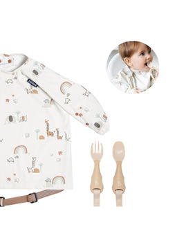 Bibado - Brown Printed Polyester Coverall Bib with Spoon and Fork
