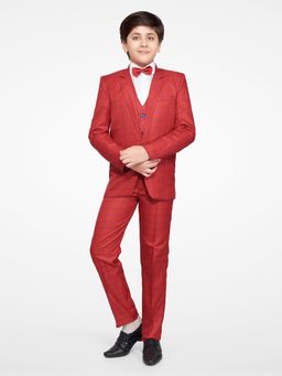 Jeetethnics - Boys Red Checked Coat Suit With Waistcoat Shirt & Trousers (Set of 5)