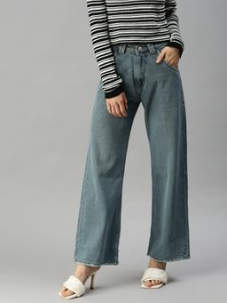 SHOWOFFFF - Women Clean Look Blue Wide Leg Denim Jeans