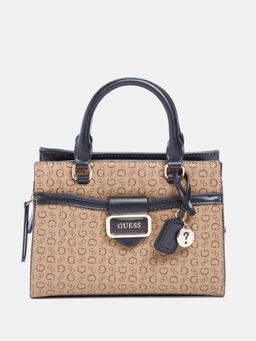 Guess - Mocha Multi Monogram Dorchester Mini Satchel Bag With Detachable Strap