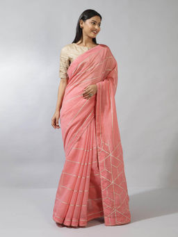 Fabindia - Peach Cotton Silk Metallic Gota Patti Saree without Blouse