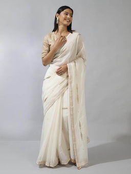 Fabindia - Natural Cotton Silk Metallic Embroideries Saree without Blouse