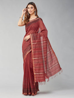 Fabindia - Red Cotton Silk Blend Woven Saree without Blouse