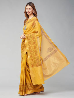 Fabindia - Mustard Cotton Printed Saree without Blouse