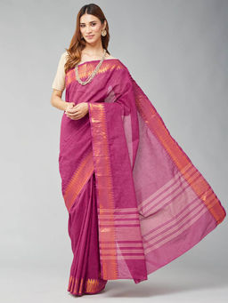 Fabindia - Magenta Cotton Printed Saree without Blouse