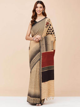 Fabindia - Beige Cotton Printed Saree without Blouse